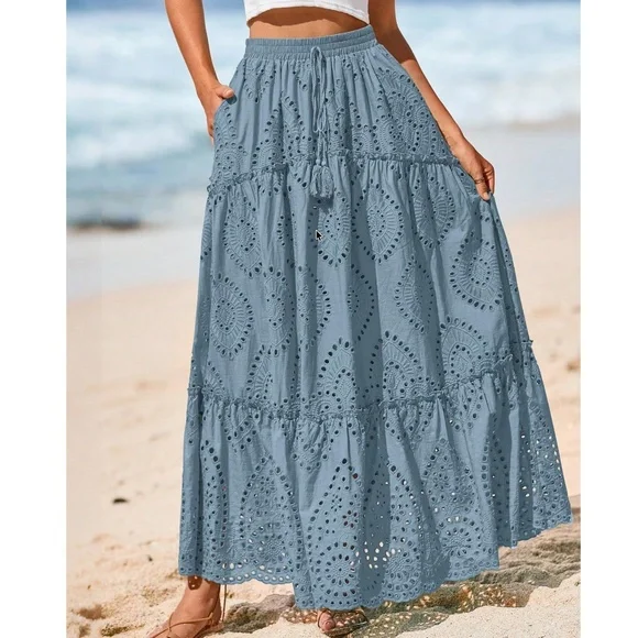 Boho Royal Blue Eyelet Stretchy waist Lined Maxi Skirt - Picture 2 of 12